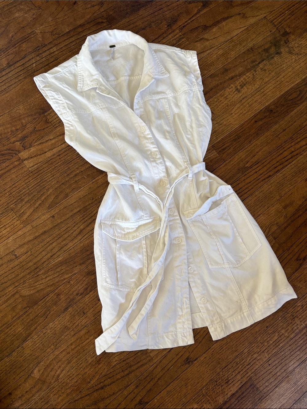 White Sleeveless Shirt Dress with Tie Belt